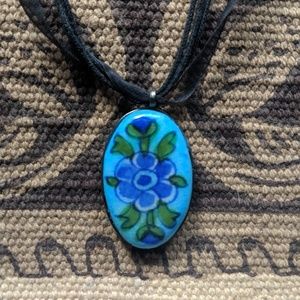 💠Vintage blue art deco flower pendant necklace💠